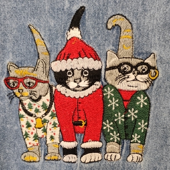 Bobbie Brooks Blue Denim Shirt With Holiday  Embroidered Kats - Picture 6 of 10